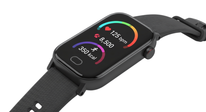 Smartwatch with fitness tracking app displaying heart rate, step count, and calorie burn isolated on transparent background for health and wellness monitoring - Powered by Adobe