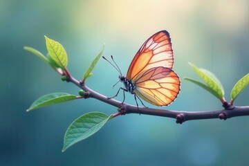 Obraz premium A delicate orange butterfly rests gracefully on a slender branch adorned with vibrant green leaves, bathed in the soft glow of sunlight.