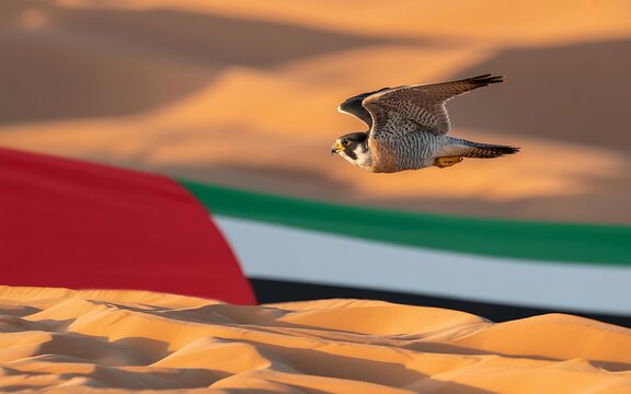 Falcon in Desert with UAE Flag for National Day Celebration Falcon in Arabian Desert with UAE Flag in Background — Symbol of Strength and Heritage