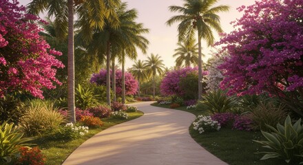 Fototapeta premium Pathway through lush garden scene with palm trees and vibrant flowering bushes under sunlight