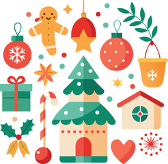 Obraz premium Vector art of a collection of festive christmas icons and decorations, including a gingerbread man, candy cane, gift box, ornaments, and a cute house, all isolated on a