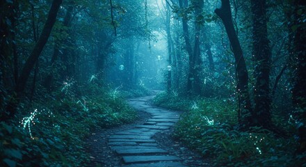 Fototapeta premium Pathway winding through a mystical forest at twilight with ethereal glowing lights and dense trees