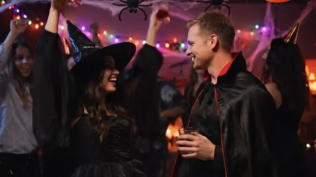 People dressed in halloween costumes at a party with spider decorations and colorful string lights