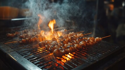 Grilled skewers sizzling over an open flame, surrounded by smoke, creating an enticing, smoky aroma in a lively setting.