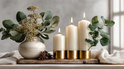 Obraz premium Elegant arrangement of candles and dried flowers on wooden tray 