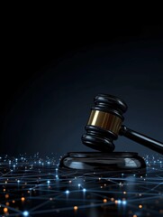 A digital gavel rests on a glowing network, symbolizing justice and the intersection of law and technology.