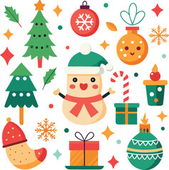 Naklejka premium Vector art of collection of festive christmas icons and elements, including a snowman, christmas trees, ornaments, candy cane, gift box, and stocking, all isolated on a for easy use in holiday designs