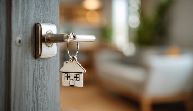 a silver door handle with a house-shaped key hanging on it