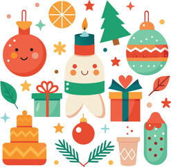 Naklejka premium Vector art of a festive collection of cute cartoon christmas ornaments and decorations, including a smiling gingerbread man, gifts, christmas trees, baubles, and snowflakes, all isolated on a