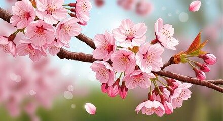 Pink Cherry Blossom Branch with Petals on Blurry Background