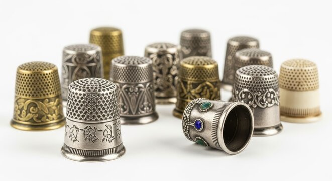 Collection of vintage and antique thimbles, adorned with ornate patterns