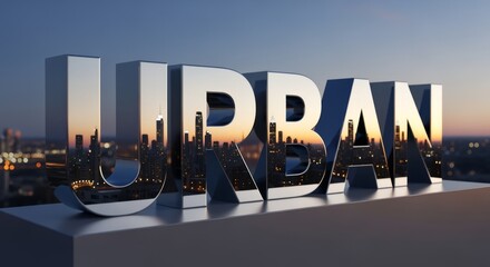 Shiny Metal Urban Text with Night Cityscape Reflection at Dusk