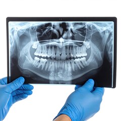 Panoramic dental X-ray displayed by gloved hands