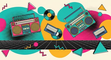 Vibrant Retro 80s Music Collage with Boomboxes Tapes and a Digital Grid.