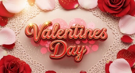 Valentines Day Red Text with Rose Petals and Lacy Border