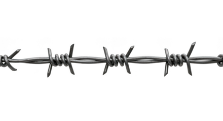 Close-up of barbed wire security barrier with sharp spikes isolated on transparent background