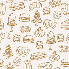 Hand drawn doodle pastry background. Different desserts, cakes, confectionery