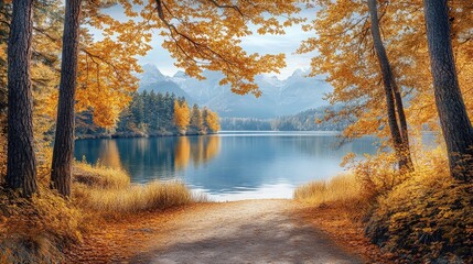 A scenic view of a lake surrounded by autumn trees and mountains in the background on a sunny day