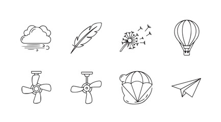 Collection of eight simple line art icons representing flight and air travel silhouette