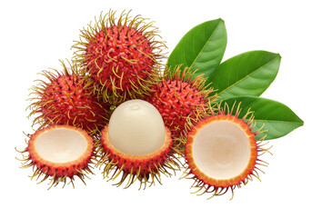 Multiple vibrant red rambutan fruits, one peeled revealing white flesh, and green leaves on a brightly lit transparent studio background with copy space, concept of tropical healthy food