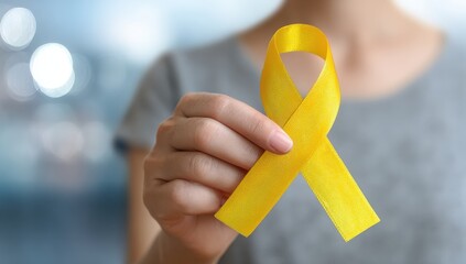 Woman holding a yellow ribbon for cancer awareness day on a blurred background
