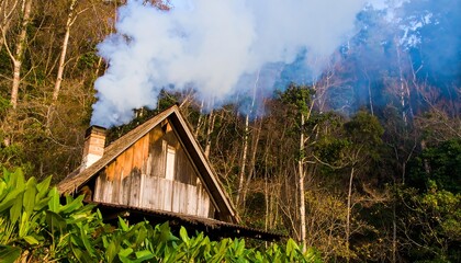 Smoke rises from a rustic cabin nestled in a lush forest