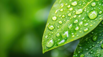 Close-up of fresh green leaves covered with water droplets, highlighting nature's purity and freshness after rainfall.