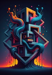 Abstract Colorful Cubes with Drip Art on Dark Background