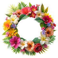 A vibrant and colorful floral wreath with a variety of tropical flowers and green leaves arranged in a circular pattern, isolated on a transparent background