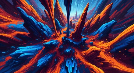 Abstract Orange and Blue Rock Formations Landscape Painting