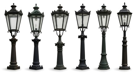 Ornate street lamps in a row on white background