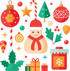 Vector art of a delightful arrangement of christmas icons including a snowman, christmas tree, ornaments, gift boxes, candy cane, and holly, all isolated on a