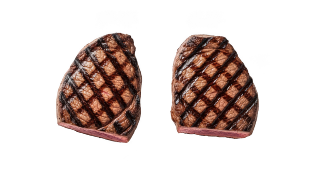 Two perfectly grilled steaks with crosshatch grill marks isolated on transparent background
