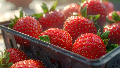 Fresh Red Strawberries in Black Plastic Container Illuminated by Warm Light on Blurred Wooden Table Summer Harvest Still Life Food Photography