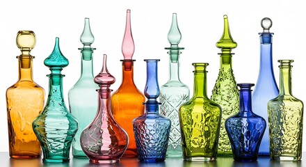 明るい光に照らされ鮮やかに輝く様々な色と個性的な形を持つ優雅なガラス瓶が反射する表面に整然と並び美しい装飾品として空間を彩る. AI Generated