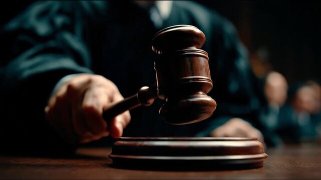 A gavel is being wielded by a person in a court setting in front of a sound block