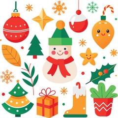 Fototapeta premium Vector art of a cheerful assortment of christmas elements featuring a snowman, decorated pine trees, ornaments, a gift box, and festive foliage, all isolated on a