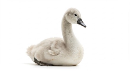 Obraz premium ふわふわの純粋な白い白鳥のひなは清潔な真っ白な背景に優しく座り柔らかな光がその輝く羽毛を繊細に照らし出し愛らしく無垢な表情を完璧に引き立てる穏やかで美しい瞬間. AI Generated