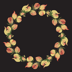 Vector floral wreath for Invitation, Greeting card, scarf, from yellow flowers on a black background