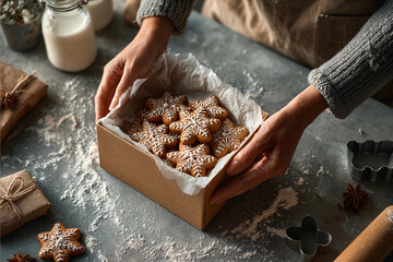 Woman holding box of christmas star-shaped gingerbread cookies on table  