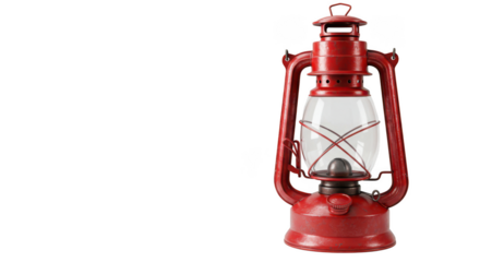 Antique red kerosene lantern isolated on black for nostalgic lighting isolated on transparent background