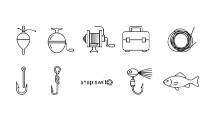 Collection of fishing gear icons in a simple line drawing silhouette style