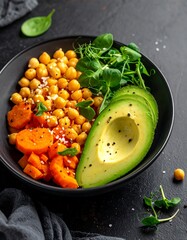 Healthy bowl with chickpeas, avocado, and carrots