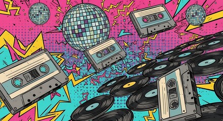 Retro 80s Party Cassettes Disco Balls and Vinyl Records Exploding with Color.