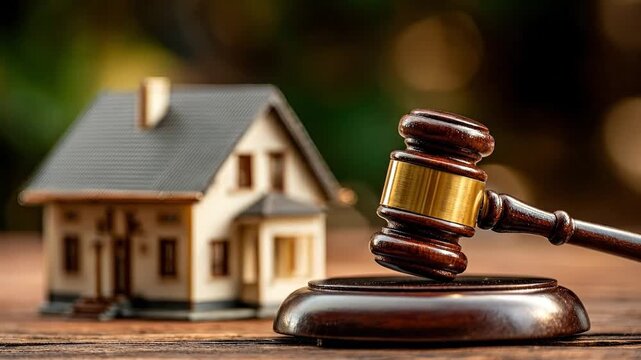 A gavel rests near a miniature house symbolizing real estate law