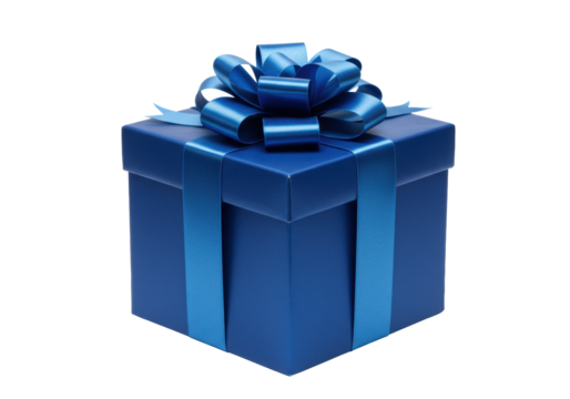 meticulously wrapped deep blue square gift box, shiny blue satin bow, and silver-white cross ribbon on a transparent background with copy space, soft shadows, festive celebration atmosphere