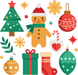 Fototapeta premium Vector art of a cheerful assortment of christmas elements such as a decorated fir tree, a gingerbread person, baubles, a gift box, and a stocking, presented on a