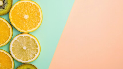Sliced citrus fruits, including oranges, lemons, and kiwis, arranged on a pastel blue and peach background.