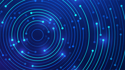 Concentric Circles Digital Tech Circuit Pattern. Technology Background of Circular Lines and Dot Connections. Abstract Circle Big Data Transmission Internet Network. Vector Illustration.
