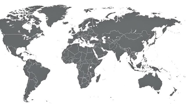 A grayscale world map with country borders visible